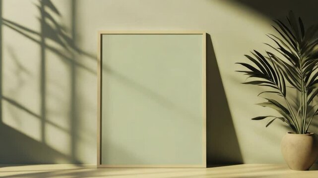 Minimalist wooden frame mockup on sunlit wall with shadows and potted plant, ideal for artwork or poster display concept