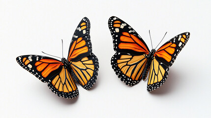 Two vibrant monarch butterflies with orange and black wings rest gently on a clean white background studio shot.