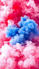 Fototapeta premium Pink and blue smoke clouds collide, abstract art background, vibrant color explosion
