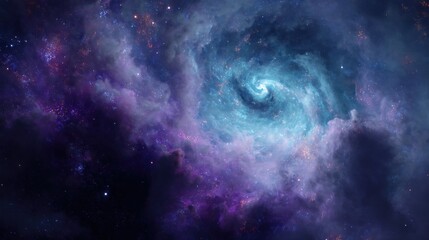 Obraz premium A mesmerizing cosmic vortex of swirling blues and purples unfurls across the vast expanse of space, adorned with ethereal clouds and distant starlight.