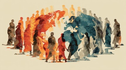 Watercolor illustration depicting diverse people from around the world holding hands, symbolizing global unity, connection, and cooperation across cultures.