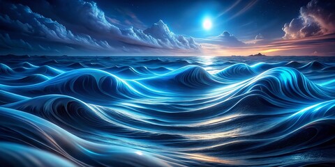Fototapeta premium Abstract Blue Ocean Wave Pattern: Endless Smooth Curves & Gentle Undulations, Night Photography
