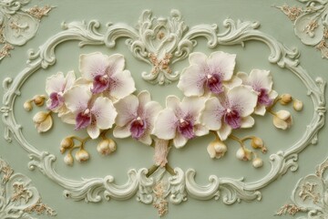 Ornate floral design in pastel colors on a mint green background.