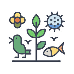 Fototapeta premium Ecology Icon: Flower, Plant, Sun, Bird, and Fish