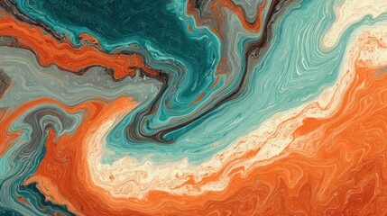 An abstract backdrop showcases swirling patterns of vibrant orange, teal, and grey, creating a dynamic and artistic design with fluid movement and rich texture throughout.