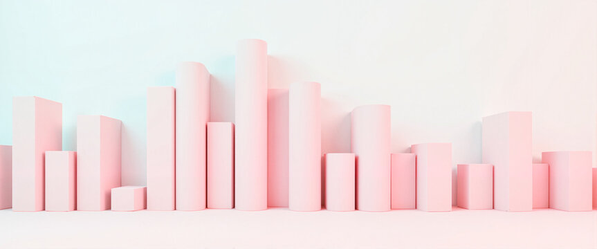 Rising and falling pastel bar chart in 3D style, data visualization