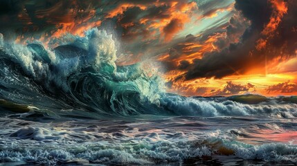 Fototapeta premium Experience the stunning display of nature as sunset paints the oceans fury in swirling waves, a feast for the eyes.