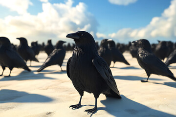 Obraz premium A flock of black ravens standing on a sandy beach under a bright blue sky with clouds