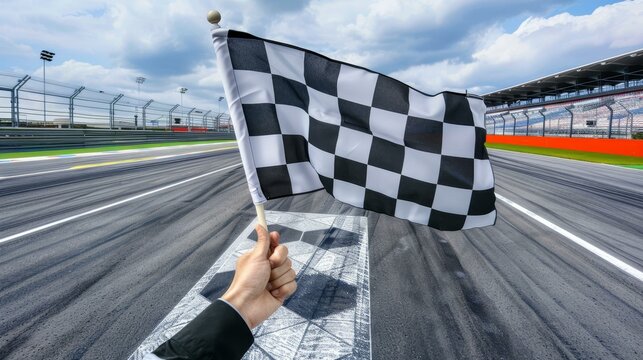 A vibrant checkered flag flutters proudly in a clear blue sky, representing victory and competition in racing events.