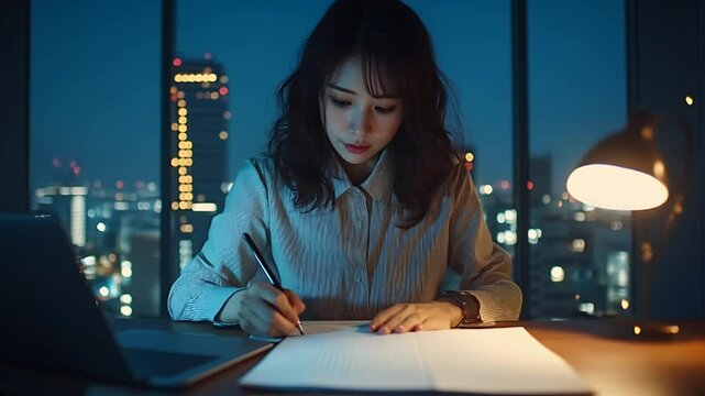 Night City Scribes: Woman Writing in Serene Office