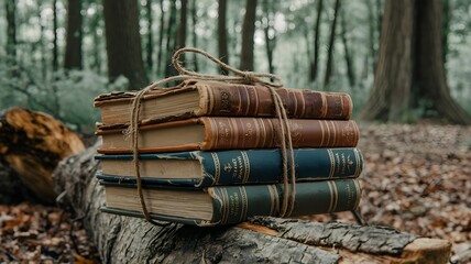 Fototapeta premium A stack of antique books tied together with a rope, resting on a fallen tree log in a forest. The books have worn leather covers and are surrounded by autumn leaves.