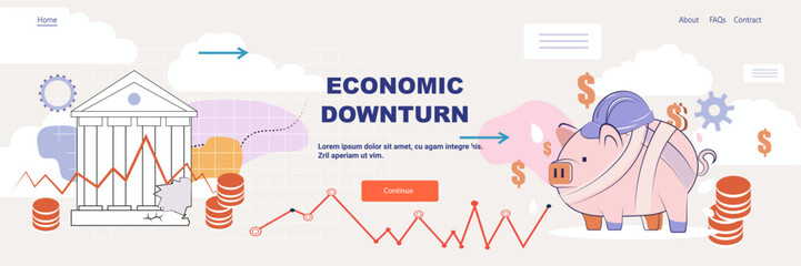 Economic downturn crisis recession concept broken bank piggy bank falling graph coins financial instability abstract background website banner