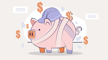 Injured piggy bank economic crisis recession financial loss concept with bandages hard hat dollar signs pastel background website banner