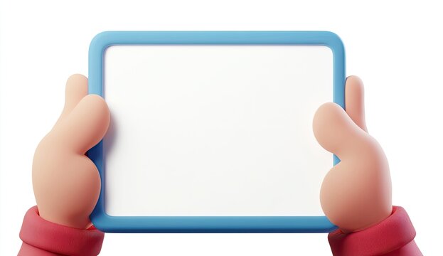 Cartoon hands holding a blank tablet