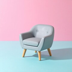 Modern grey armchair on pastel pink and blue background &ndash; minimalist furniture design