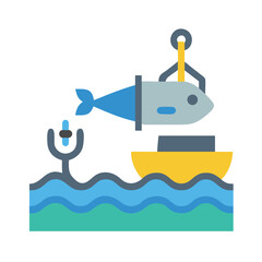 Abstract Fish Processing With Boat and Hook Vector