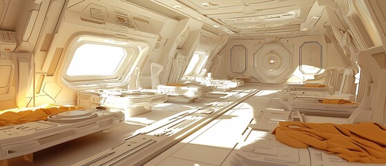 Futuristic interior design with a spaceship-like environment and bright illumination