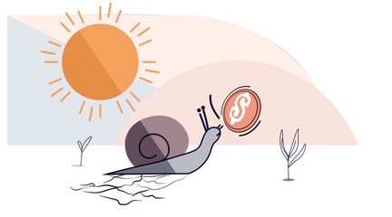 Snail slow economic growth crisis financial downturn dry landscape bright sun minimal abstract background