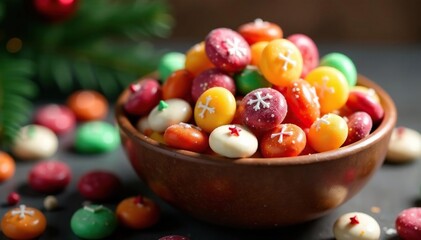 Assortment of colorful Christmas candies in a festive bowl, ready for gifting or enjoying , sweets, sprinkles