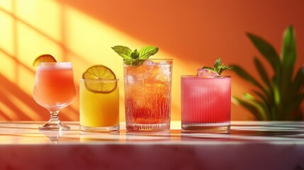 Fototapeta premium Refreshing Summer Cocktails: Colorful Drinks & Fruit Garnishes at Sunset Party