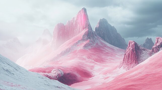 A surreal landscape featuring pink mountains under a cloudy sky with a misty atmosphere and snow accents - Powered by Adobe