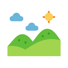 Sunny Landscape Vector Icon Illustration, Hills, Clouds, Nature