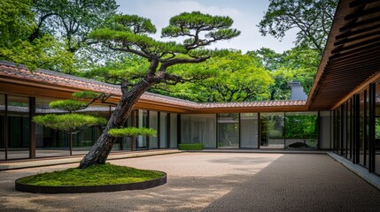 Tranquil Zen Garden with Raked Gravel and Bonsai Trees in Courtyard