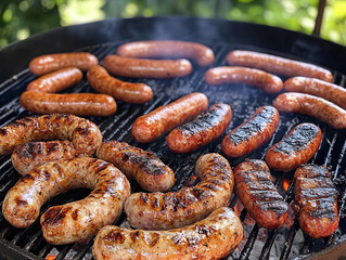 Grilled sausages sizzling on a barbecue grill, emitting smoke and showcasing diverse flavors and textures, ideal for summer gatherings and outdoor cooking