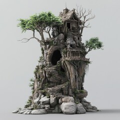 A fantastical treehouse nestled on a rocky outcrop