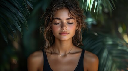Serene woman meditates amidst lush greenery, eyes closed, bathed in sunlight