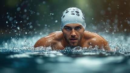 Intense Male Swimmer in Competitive Mode Surrounded by Water Splashes, Close-Up on Focused Expression and Athletic Pose in a Pool Environment