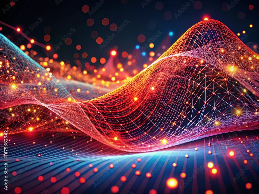 Poster abstract red data flow: 3d glowing network mesh wave