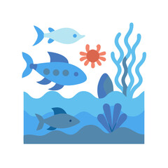 Stylized Sea Life Vector Graphic with Fish and Coral