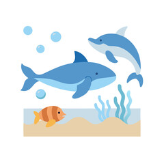 Cartoon Dolphins and Tropical Fish Illustration in Ocean