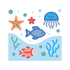 Cartoon Aquarium Illustration Featuring Fish, Starfish and Jellyfish