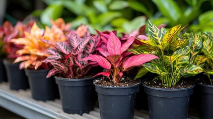 Colorful indoor plants in pots arranged neatly on a shelf showcasing vibrant foliage with diverse colors and textures for modern gardening enthusiasts and interior decorators