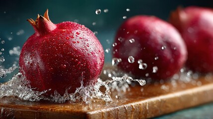 Fresh and Juicy Pomegranates with Water Droplets Splashing on Wooden Cutting Board in Gourmet Kitchen Setting