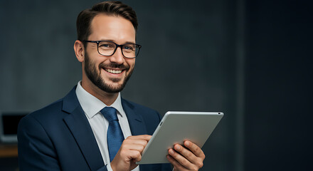 Smiling Businessman Using Tablet: Professional, Modern Portrait