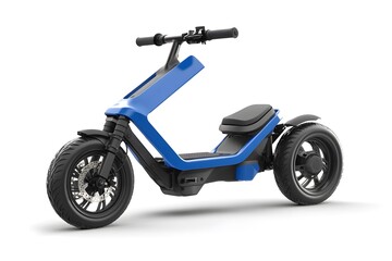 Obraz premium A blue and black electric trike scooter on a white background in a studio setting with seat visible