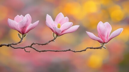 Obraz premium Delicate Pink Magnolia Blossoms on Branch Against a Soft Colorful Background, Capturing the Essence of Spring and Nature's Beauty