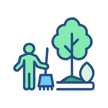 recommend clip art: Gardening icon: Person raking leaves near a tree