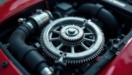 Close-up of intricate gear mechanism inside a sleek sports car engine Shiny metal, precision engineering , sprocket, mechanism, automotive parts