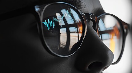 Close up of glasses reflecting a blue line graph on a dark background with a human nose visible