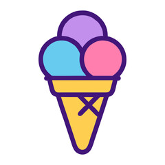 Triple Scoop Ice Cream Icon in Pastel Blue, Pink and Purple for Kids Summer Game Interface on Transparent Background