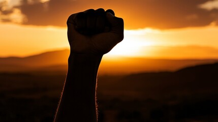 Raised Fist Against Sunset Symbolizing Strength and Resilience