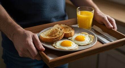 A photograph of hands holding a wooden breakfast tray with a plate of two fried eggs and two slices of toast, along with a glass of orange juice and cutlery