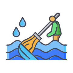 Cleaning flood water with mop after rain icon