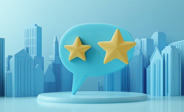 Positive feedback, modern design.  A light blue speech bubble with golden stars, set on a light blue podium, against a cityscape backdrop