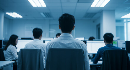 Fototapeta premium Teamwork in a Serene Office: A Cool-toned Professional Setting