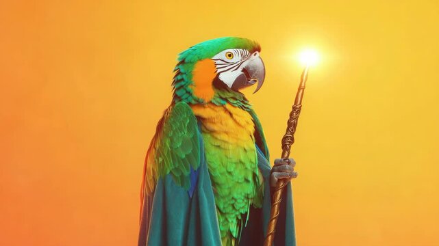 Colorful parrot holding a staff against a vibrant background.
